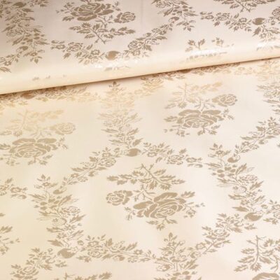 Tissu satin jacquard roses champagne