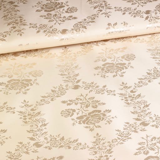 Tissu satin jacquard roses champagne