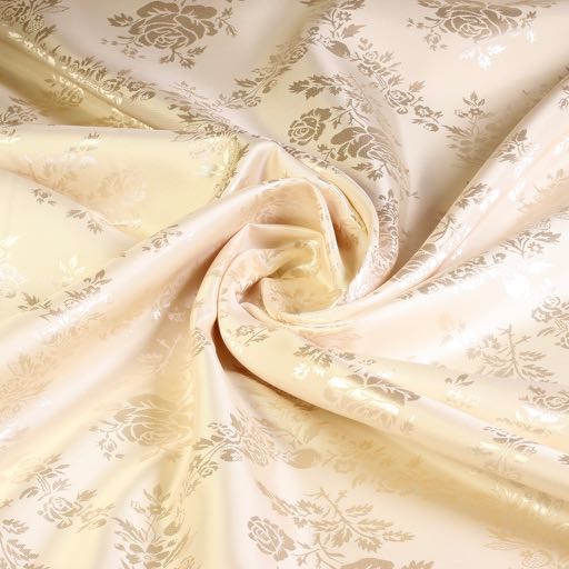 Tissu satin jacquard roses champagne