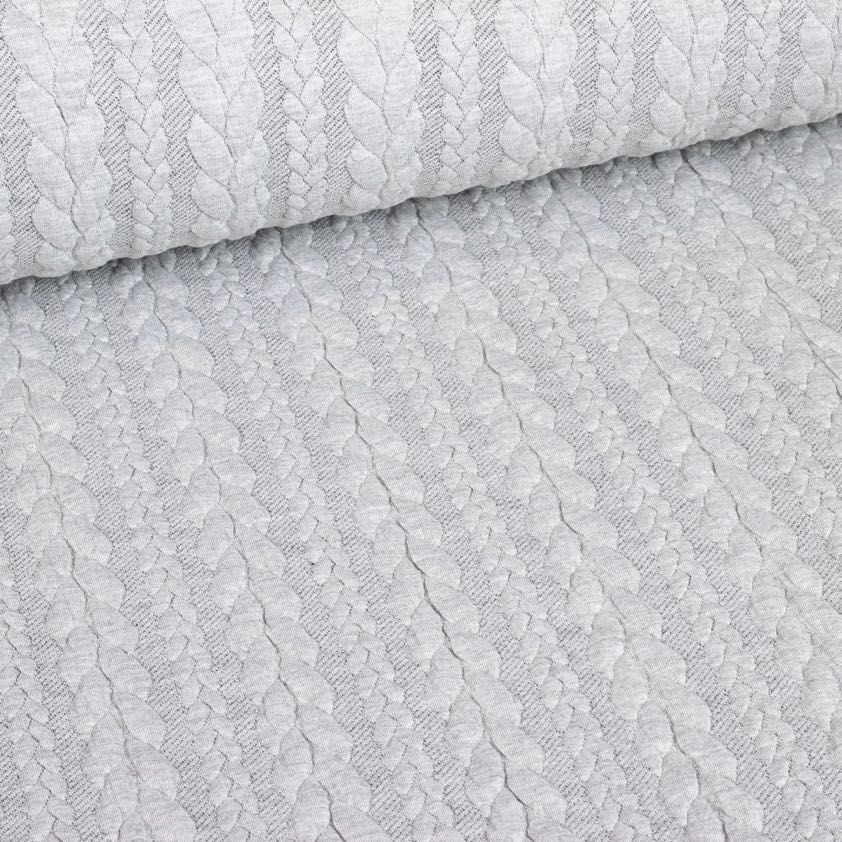 Tissu câble jacquard tricot gris clair mélange