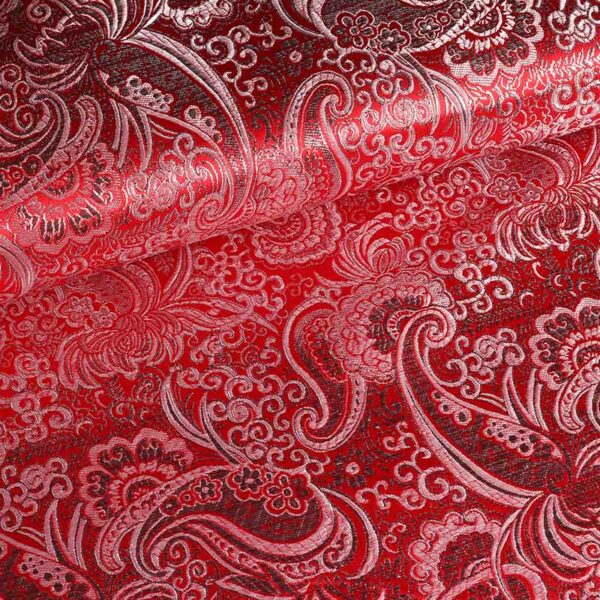 Tissu jacquard paisley fleur rouge argent
