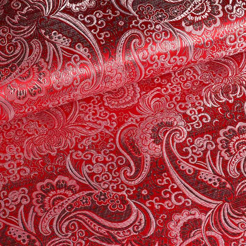 Tissu jacquard paisley fleur rouge argent