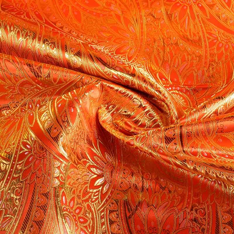 Tissu jacquard fantaisie fleur orange or