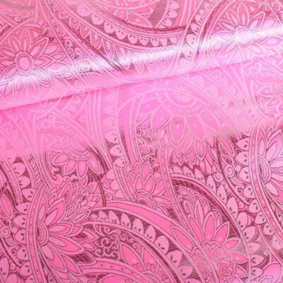 Tissu Jacquard fleur rose avec lurex argent