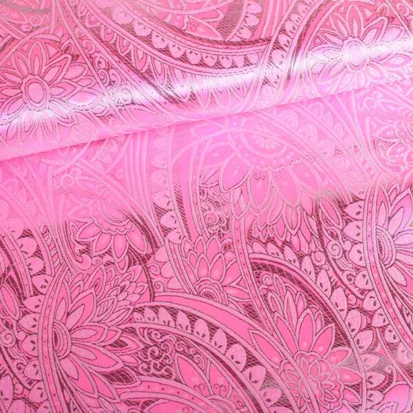 Tissu Jacquard fleur rose avec lurex argent