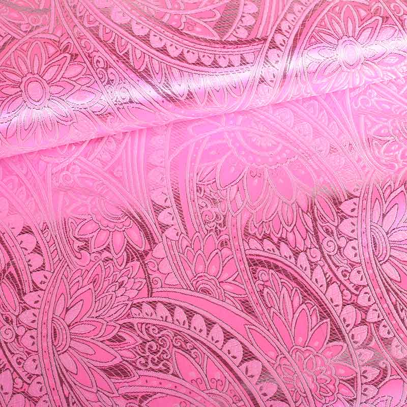 Tissu Jacquard fleur rose avec lurex argent