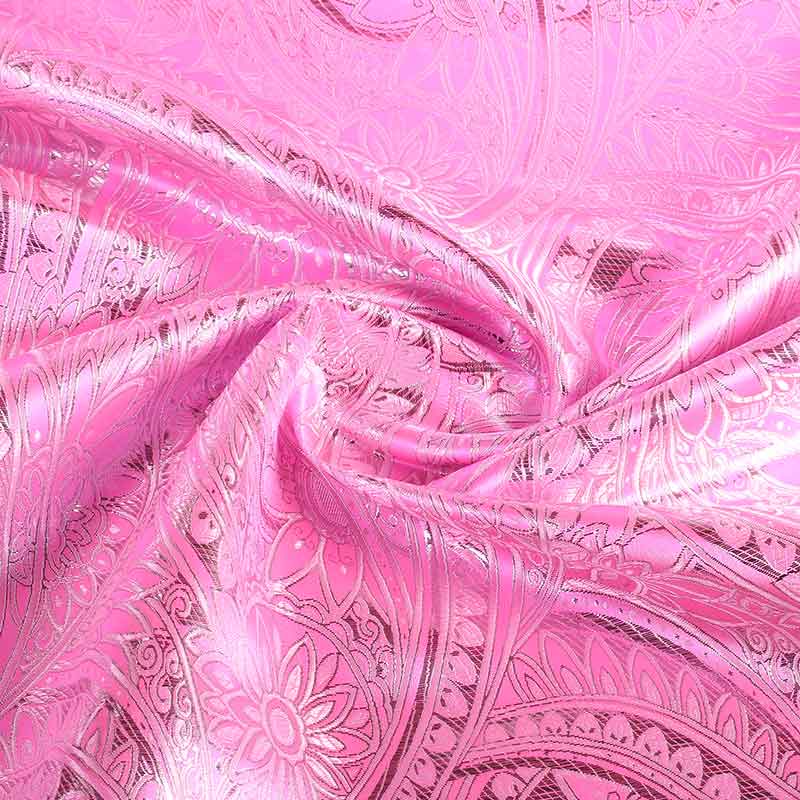 Tissu Jacquard fleur rose avec lurex argent