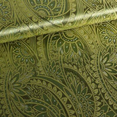 Tissu Jacquard fantaisie fleur vert olive clair or