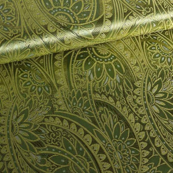 Tissu Jacquard fantaisie fleur vert olive clair or
