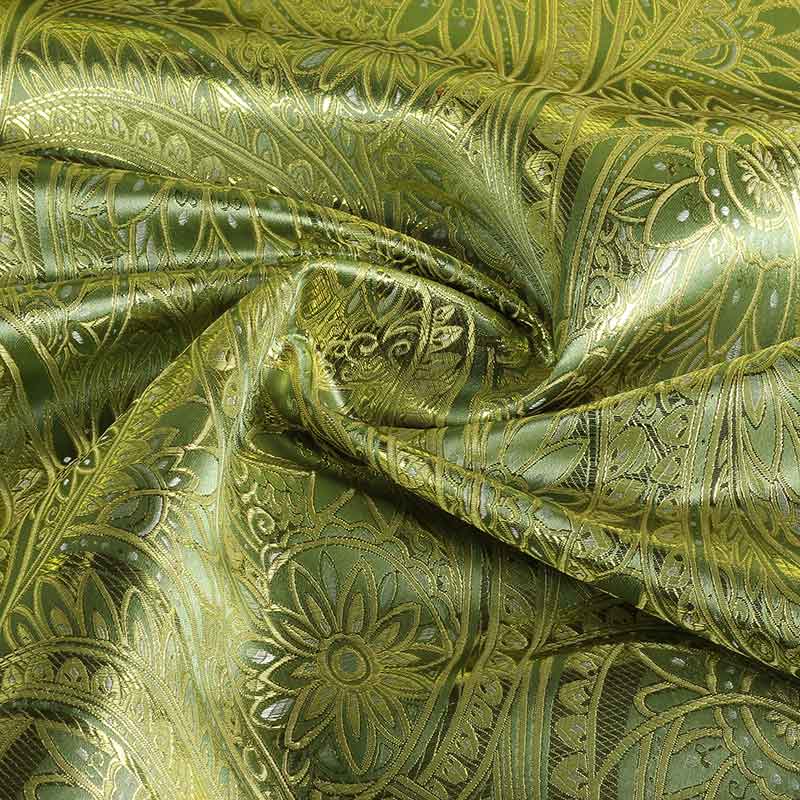Tissu Jacquard fantaisie fleur vert olive clair or