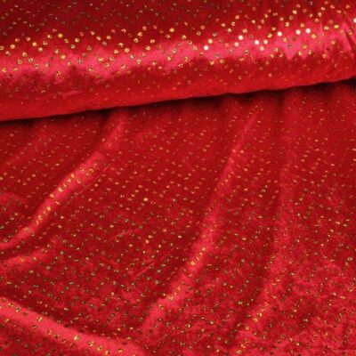 Tissu velours de panne rouge à paillettes hologramme doré