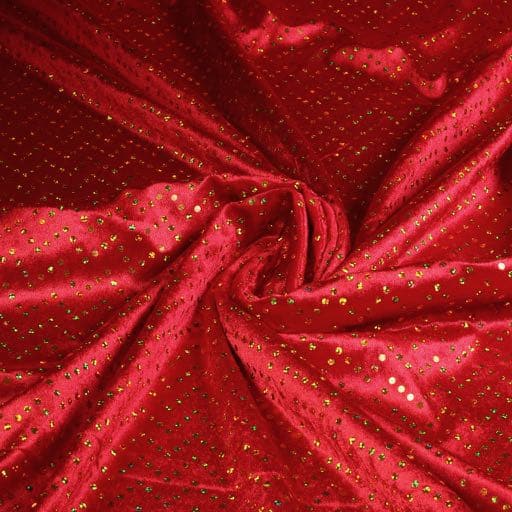 Tissu velours de panne rouge à paillettes hologramme doré