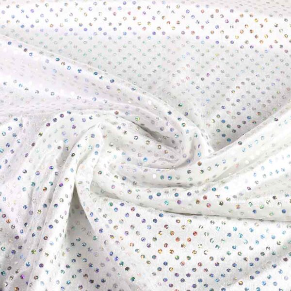Tissu velours de panne blanc avec paillettes hologramme argent