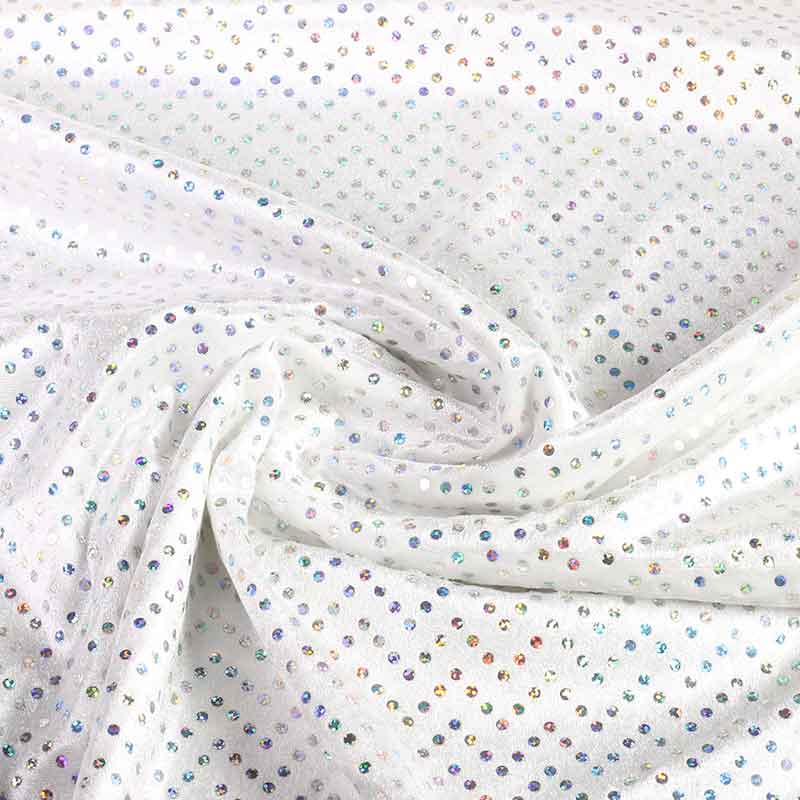 Tissu velours de panne blanc avec paillettes hologramme argent