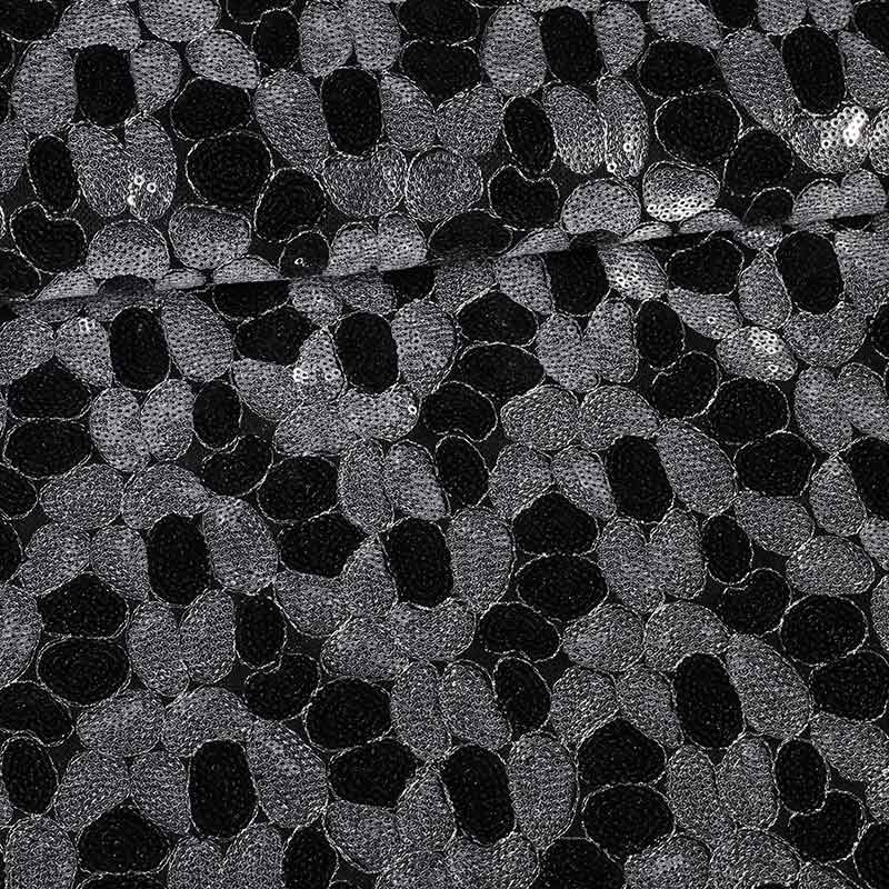 Tissu mesh paillettes oval fantasy noir argent
