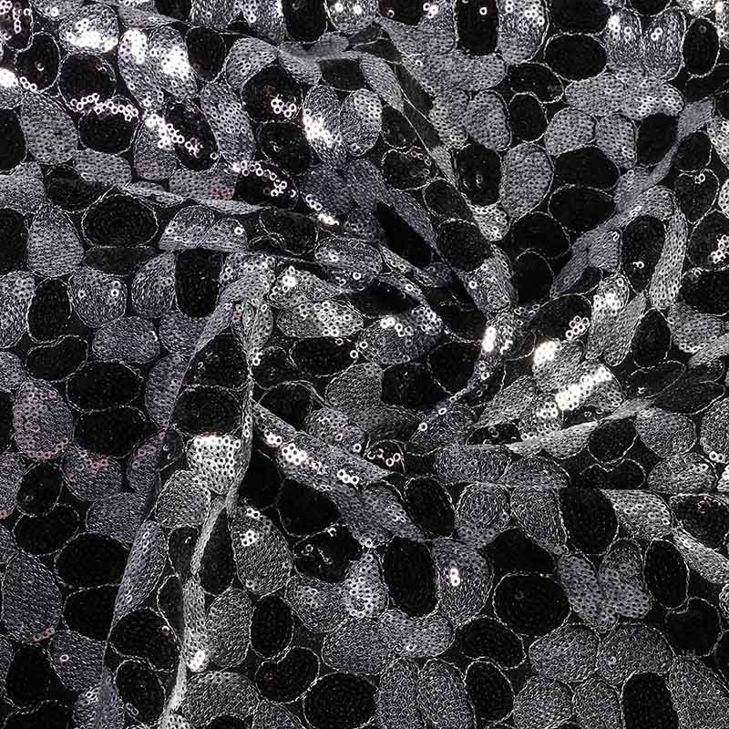 Tissu mesh paillettes oval fantasy noir argent