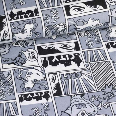 Tissu Terlenka noir et blanc bande dessinée