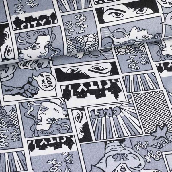 Tissu Terlenka noir et blanc bande dessinée