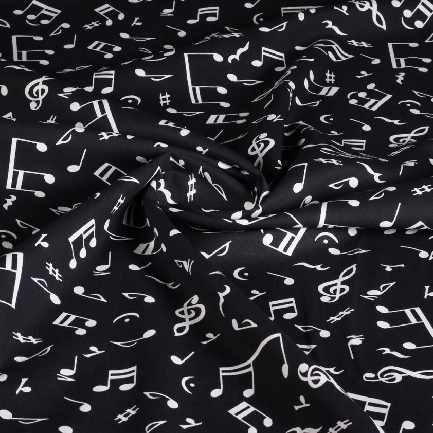 Tissu popeline note de musique noir