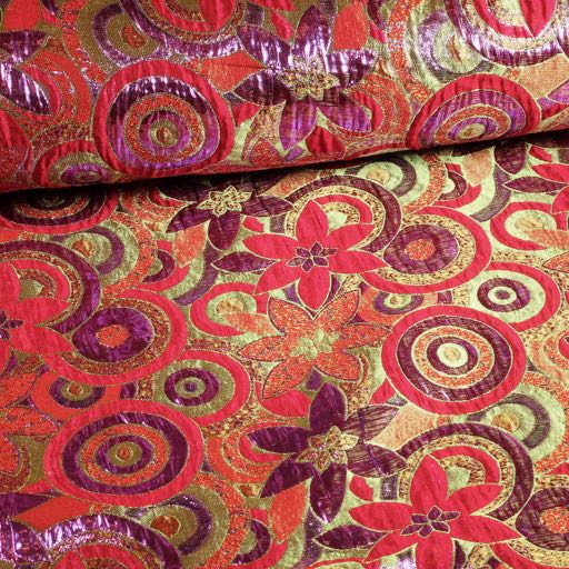 Tissu brocart fleur multicolore rouge mauve lurex