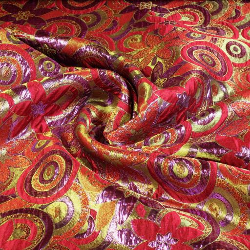Tissu brocart fleur multicolore rouge mauve lurex