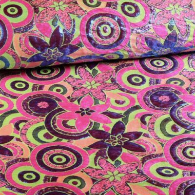 Tissu brocart fleur multicolor lime mauve