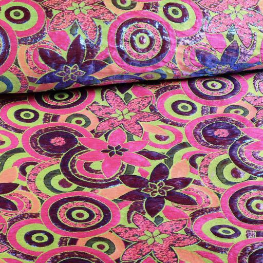 Tissu brocart fleur multicolor lime mauve