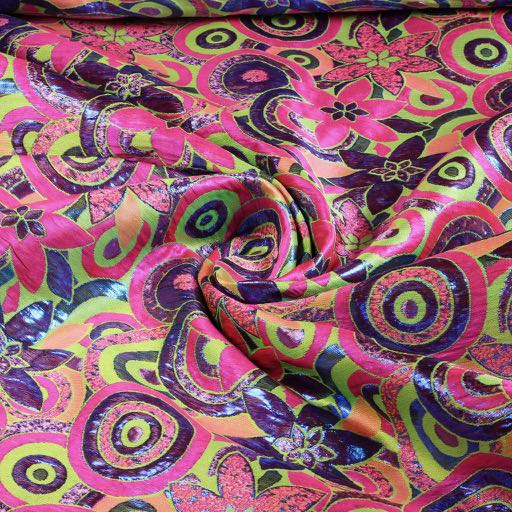 Tissu brocart fleur multicolor lime mauve