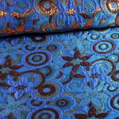 Tissu brocart fleur multicolore cobalt bronze