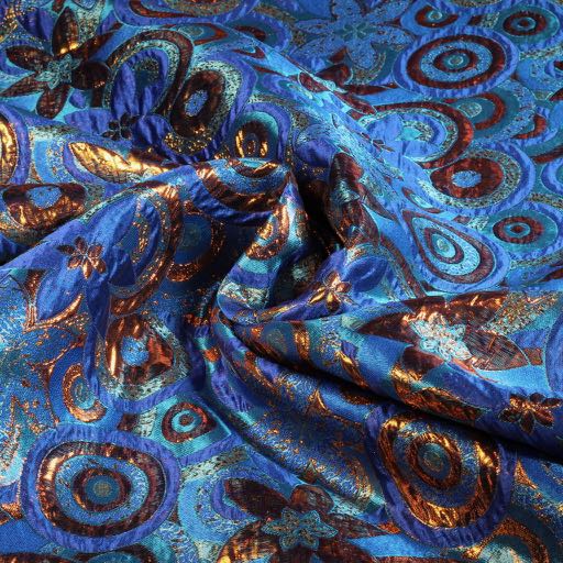Tissu brocart fleur multicolore cobalt bronze