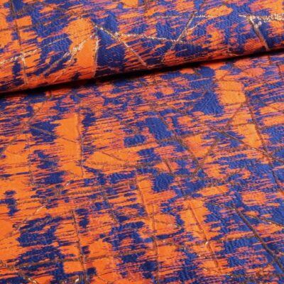 Tissu jacquard or lurex abstrait orange/cobalt