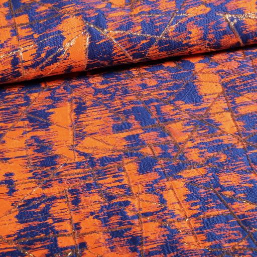 Tissu jacquard or lurex abstrait orange/cobalt