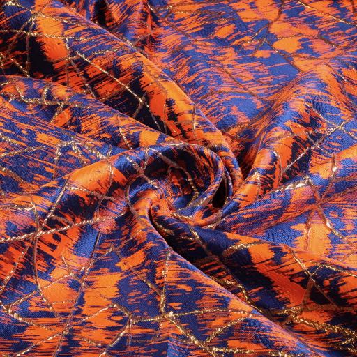 Tissu jacquard or lurex abstrait orange/cobalt