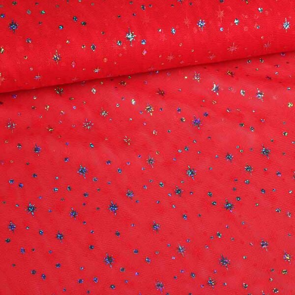Tissu mesh hologram paillettes étoile rouge