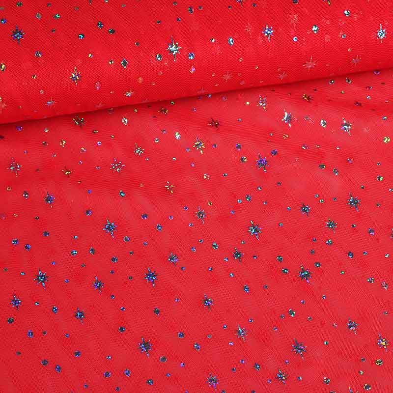Tissu mesh hologram paillettes étoile rouge