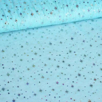Tissu mesh hologramme paillettes étoile bleu clair