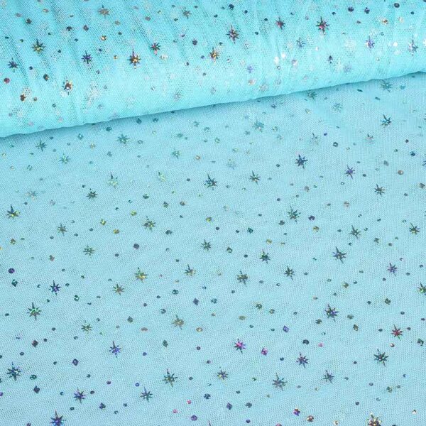 Tissu mesh hologramme paillettes étoile bleu clair