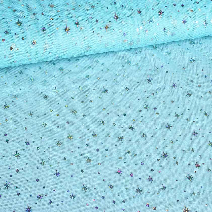 Tissu mesh hologramme paillettes étoile bleu clair