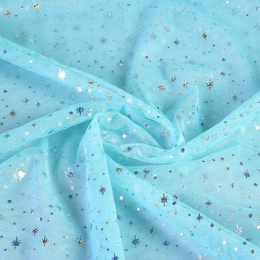 Tissu mesh hologramme paillettes étoile bleu clair