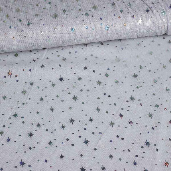 Tissu mesh hologram glitter étoile gris clair