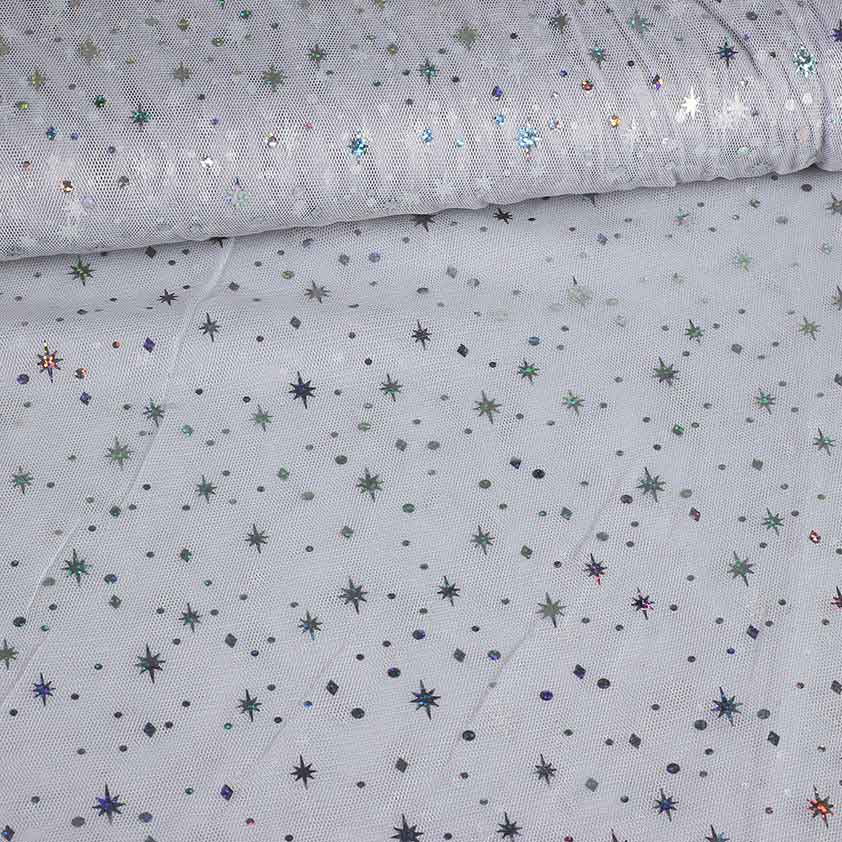 Tissu mesh hologram glitter étoile gris clair
