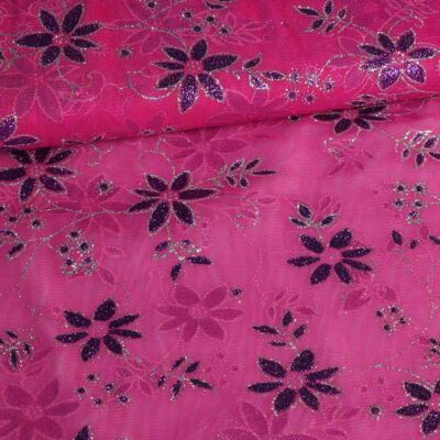 Tissu mesh fleur paillettes fuchsia