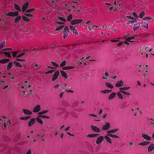Tissu mesh fleur paillettes fuchsia