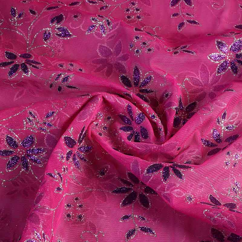 Tissu mesh fleur paillettes fuchsia