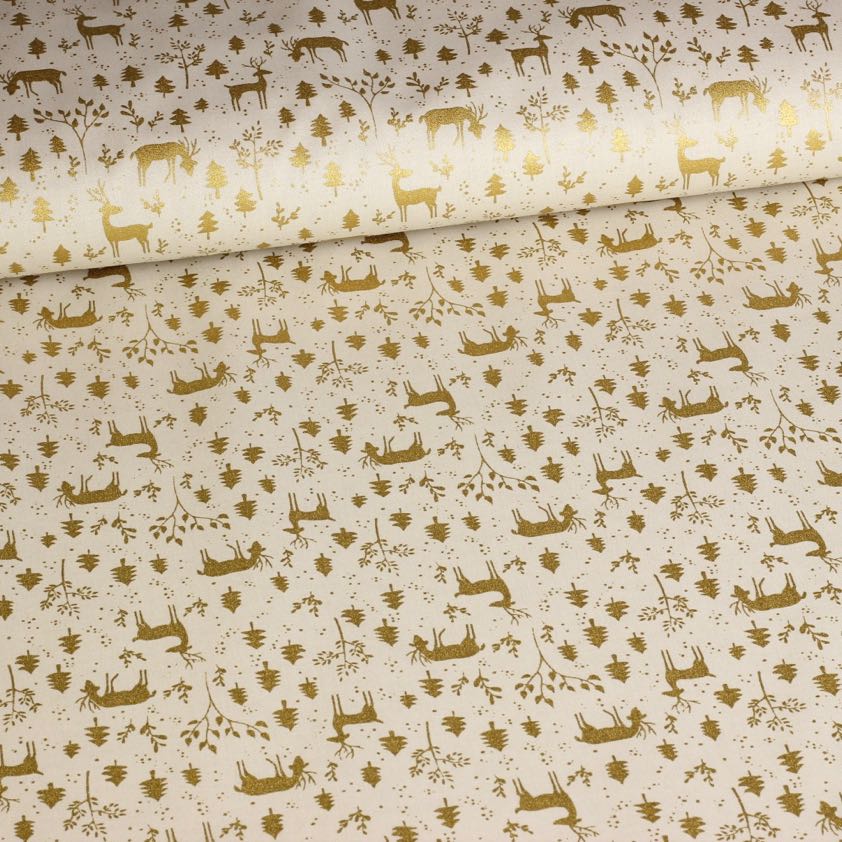 Tissu popeline cerf Noël beige