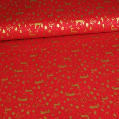Tissu popeline cerf Noël rouge
