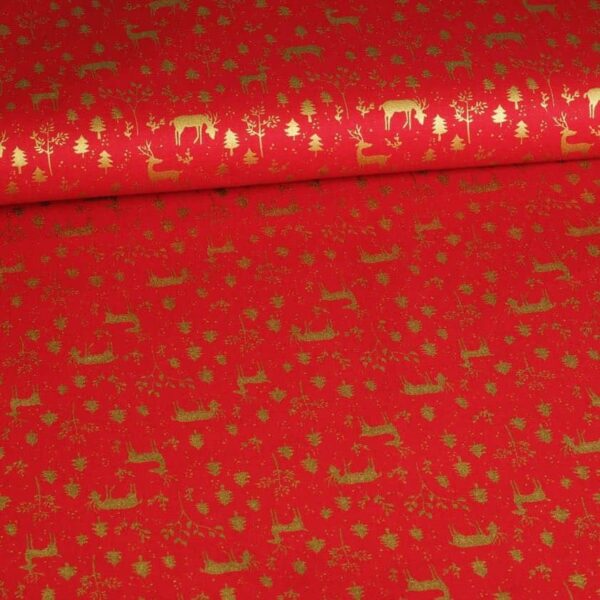 Tissu popeline cerf Noël rouge