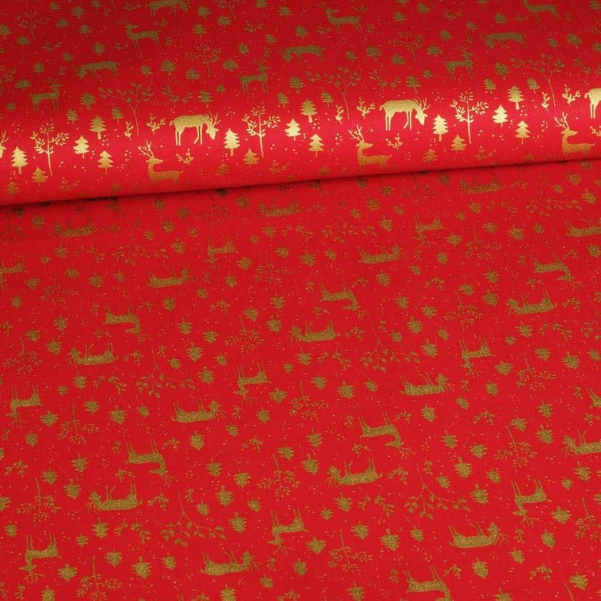Tissu popeline cerf Noël rouge
