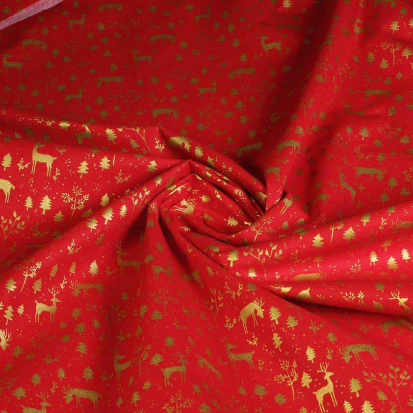Tissu popeline cerf Noël rouge