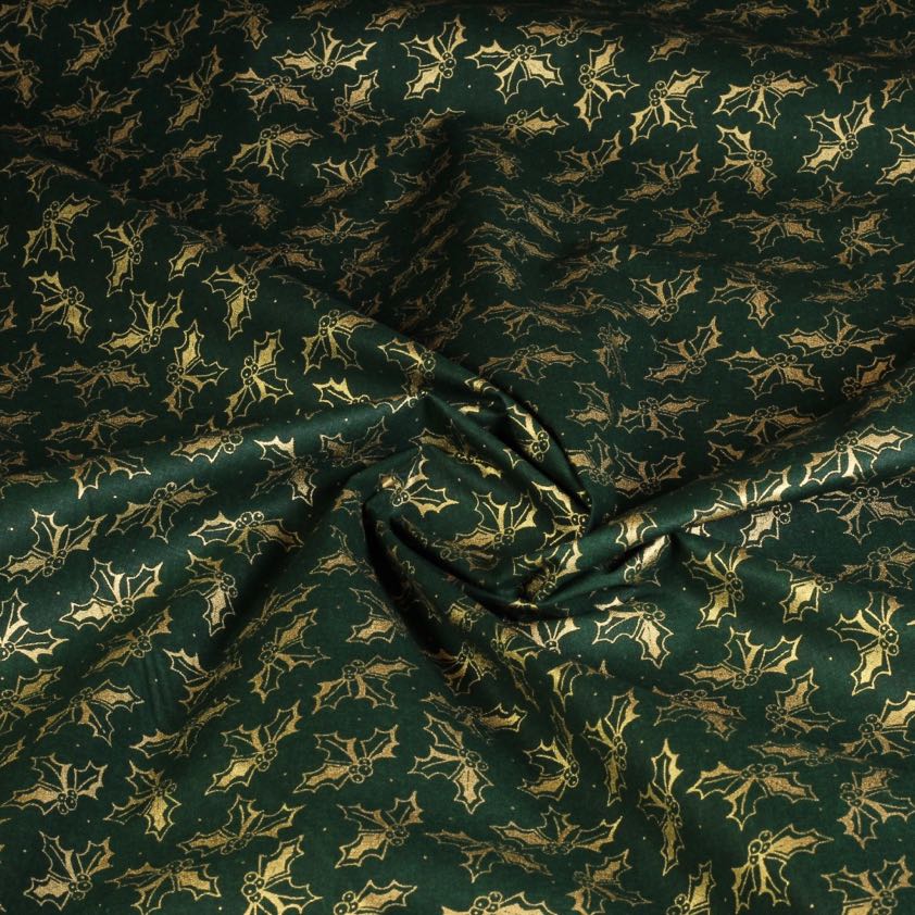 Tissu popeline couronne Noël vert